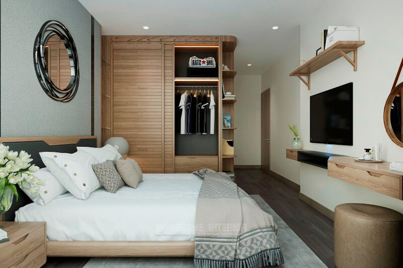 Thiết kế phòng ngủ chung cư phong cách hiện đại, chỉ với 2 gam màu chủ đạo trắng - vàng đã mang đến không gian hoàn hảo, sang trọng và tiện nghi